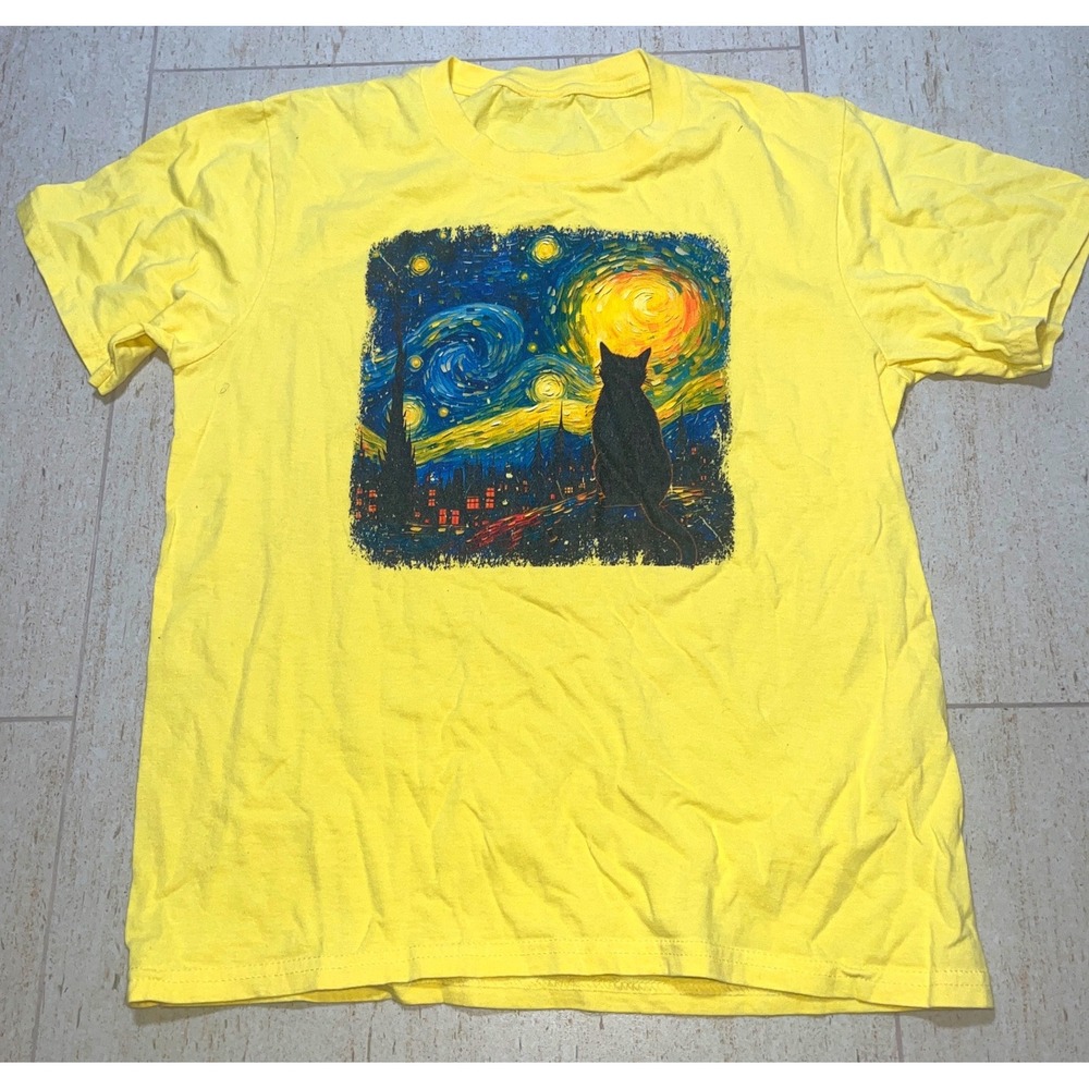 Port & Company Starry Night Cat Graphic T-Shirt Yellow Art Aesthetic Tee PC450YM